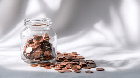 Clean composition of an upright jar next to a pile of loose coins symbolizing early-stage saving...