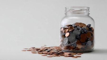 Soft-light savings concept featuring a jar and coins forming a triangular layout, commercial-safe.