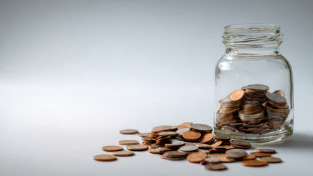 Simple savings shot featuring a tipped jar and a curved layout of coins, commercial-safe.の写真素材