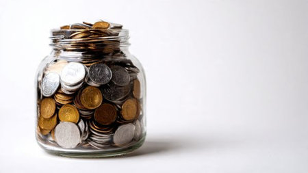 Clean financial planning layout with a jar full of coins forming a balanced composition.