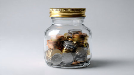 Soft studio scene with a tipped jar and a minimal cluster of coins arranged calmly, commercial-safe.の写真素材