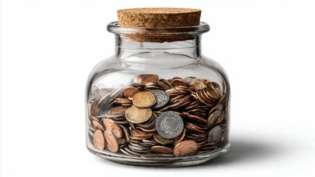 Professional minimal flat lay featuring a sleek jar and symmetrical coin layout on white,...