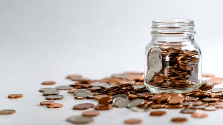 Modern wealth organization visual featuring a clear jar and well-spaced coins illuminated by soft...