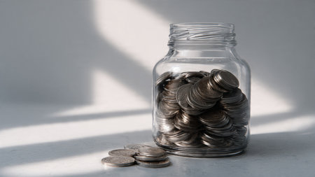 Minimalist investment display showing one polished coin in front of a clear jar, commercial-safe.