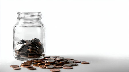 Clean financial aesthetic showcasing a transparent jar filled with coins arranged at varying...
