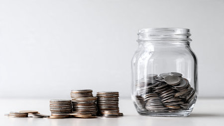 Elegant saving arrangement with scattered coins curving naturally from a tipped jar, commercial-safe.の写真素材