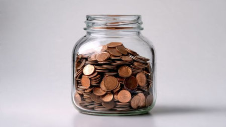 Simple wealth concept showing a few coins spilling from a tipped jar onto a bright background.