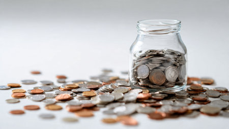 Studio-perfect financial planning scene featuring carefully placed coins near a transparent jar,...