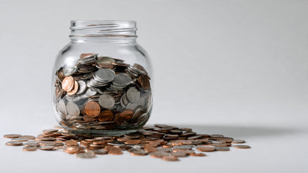 Minimalist investment layout showcasing coins arranged in rows near a clear jar, commercial-safe.の写真素材