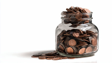 Minimal budgeting theme showing a single coin resting near a clear jar on white background.