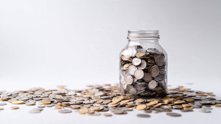 Elegant scene featuring a jar holding a few coins as additional coins rest neatly beside it,...