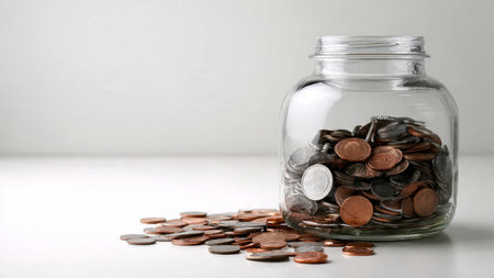 Tidy economic planning flat lay with stacked coins and an empty jar resting on a white textured...