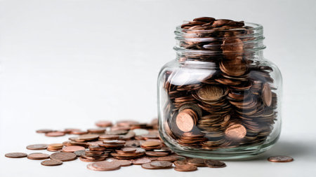 Simple savings theme showcasing a polished glass jar and a modest pile of coins arranged with...