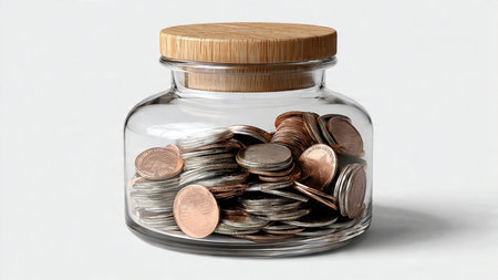 Modern minimal setup showing scattered coins emerging from a tipped transparent jar.