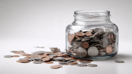 Minimal wealth concept with coins arranged in a gradient around a tilted jar.