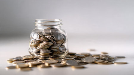 Transparent jar filled with evenly layered coins placed on a high-key white background for a modern...