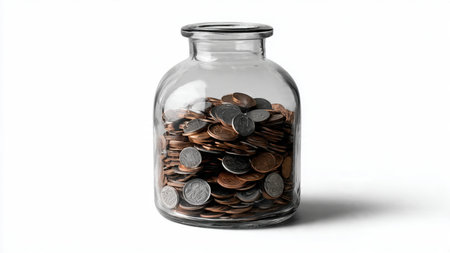Gentle studio-lit scene showing a tipped glass jar with a neat line of coins spilling out.