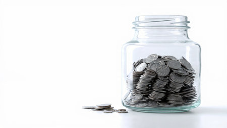 Modern wealth aesthetic showing a tipped jar forming a subtle coin trail, commercial-safe.