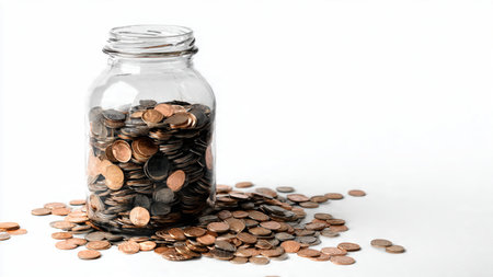 Soft savings aesthetic showing a jar with coins forming a straight line beside it, commercial-safe.の写真素材