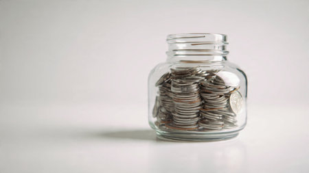 Simple wealth concept with a jar tipped slightly and coins resting beneath it, commercial-safe.の写真素材