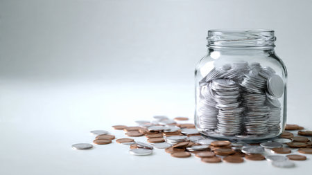 Modern financial layout featuring a tipped jar spilling coins in a smooth flow, commercial-safe.