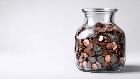 Soft studio-lit shot highlighting a glass jar with a small pile of glowing coins nearby,...