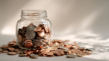 Minimal budgeting theme showing a single coin resting near a clear jar on white background.
