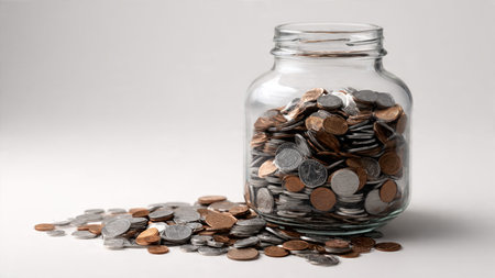 Simple budgeting concept with an empty jar centered in front of three neatly placed coins.