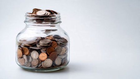 High-key savings shot featuring a half-filled jar and coins positioned asymmetrically but cleanly,...