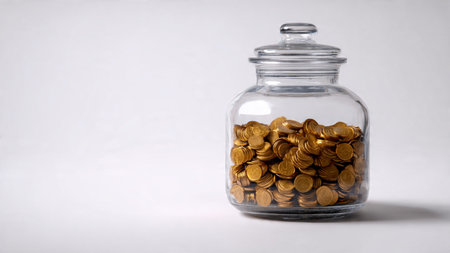 Bright and minimal savings theme featuring a polished glass jar surrounded by evenly spaced coins.の写真素材