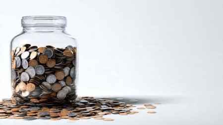 High-key budgeting illustration with scattered coins and a jar filled with coins forming a balanced visual.の写真素材