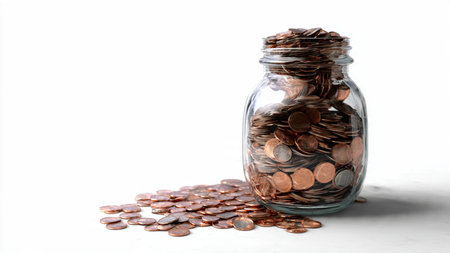 Minimalist savings concept with a transparent jar filled halfway with coins placed on a clean white...