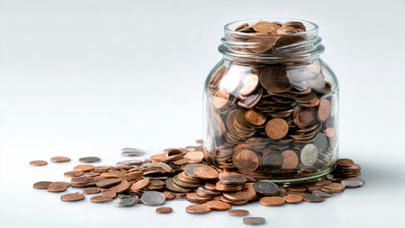 Elegant savings composition showing a few coins scattered around a jar standing upright,...