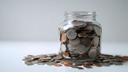 Elegant budgeting scene with a half-filled jar and neatly stacked coins on a white matte backdrop,...