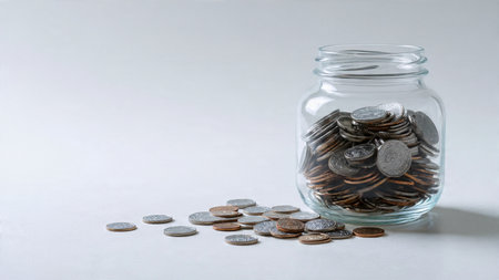 Soft studio-light layout with a clear jar and coins forming a gentle scattered pattern.