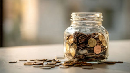 High-key financial scene featuring a tipped jar releasing coins in a gentle curve, commercial-safe.