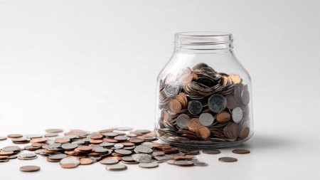 Minimal flat lay with a tipped jar spilling coins softly across the composition, commercial-safe.