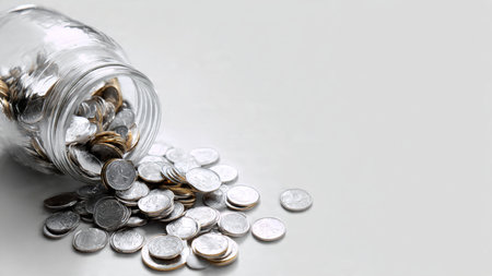 Modern minimal scene with tipped jar and coins scattering gently across a soft white surface,...