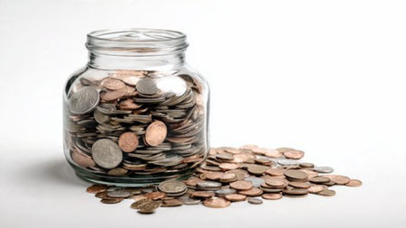 Modern savings arrangement featuring a jar tilted on its side releasing coins gently across the...