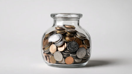 Minimal yet polished financial scene with a tipped glass jar and coins spreading outward,...