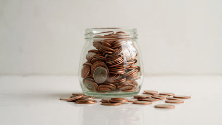 Wealth-building illustration of a jar and coins arranged with smooth shadows, commercial-safe.