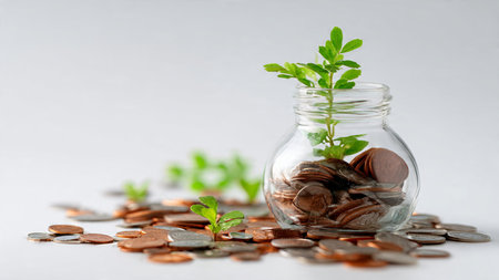 Simple financial growth scene with a half-full glass jar surrounded by scattered coins under soft...
