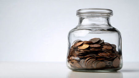 Clean budgeting theme featuring a jar with several coins resting next to it in a simple alignment.の写真素材