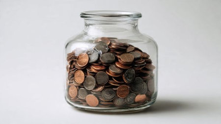 Clean modern savings setup featuring organized coin rows near a jar standing upright.