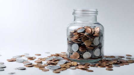 Minimal wealth planning scene with a tipped jar releasing coins in a simple flowing pattern,...