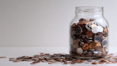 Clean investment concept with an empty jar accompanied by three neatly positioned coins under diffused lighting.の写真素材