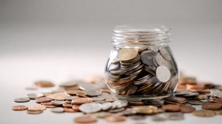 Soft elegant saving concept showing coins spilling gently around a jar on a bright surface,...