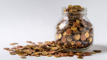 Minimal budgeting layout showing a transparent jar and a simple curved arrangement of coins,...