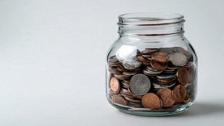Soft-shadow budgeting scene with an empty jar and coins forming a small organized pile.