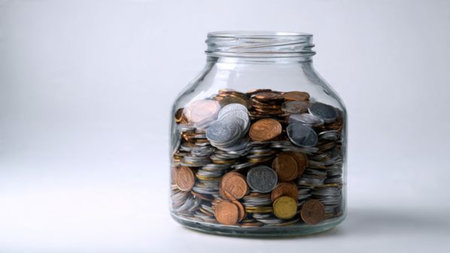 Clean economic composition showcasing polished coins resting neatly and a jar casting soft shadows,...